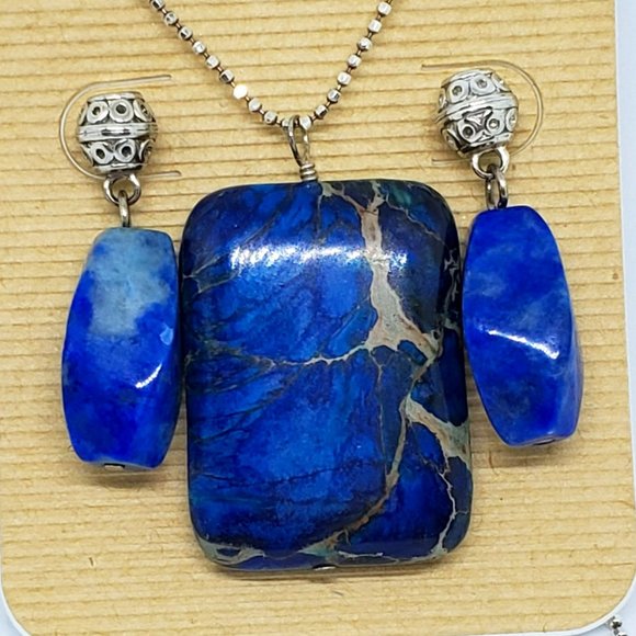 Natural Blue Jasper Stone Sterling Silver Dangle Necklace and Earrings Set - Picture 4 of 6